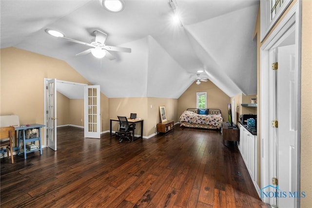 3740 Mapleway Dr, Toledo, OH 43614 - bedroom with french doors, vaulted ceiling, hardwood / wood-style floors, and a ceiling fan