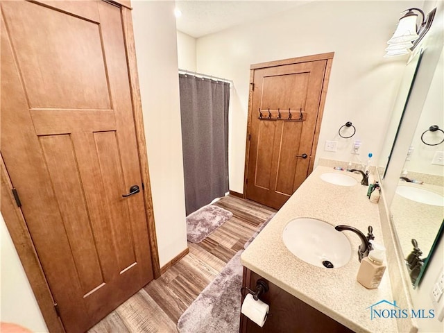1462 Lee Ann Ave, Defiance, OH 43512 - full bathroom with wood finished floors, double vanity, and a shower with shower curtain
