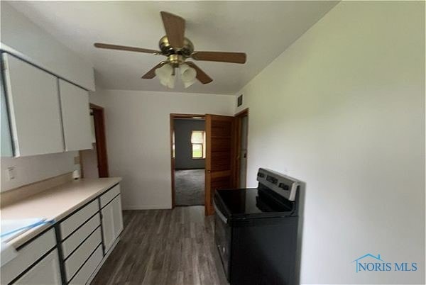102 N Maple St, Payne, OH 45880 - kitchen featuring white cabinets, black / electric stove, ceiling fan, dark wood-style floors, and light countertops