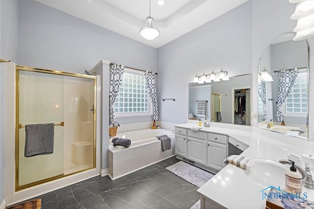 7910 Quail Creek Rd, Maumee, OH 43537 - bathroom with double vanity, a shower stall, a bath, and marble look tile flooring