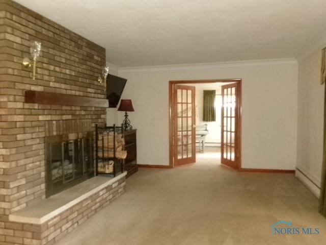 8962 State Route 109, Ottawa, OH 45875 - unfurnished living room with ornamental molding, a fireplace, and carpet floors