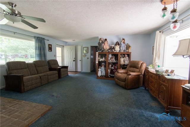 2823 Wicklow Rd, Toledo, OH 43606 - living area with dark carpet, a ceiling fan, and a textured ceiling
