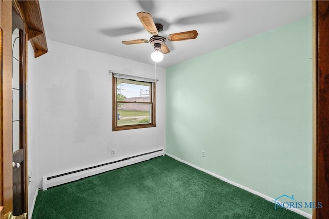 6005 Bahiamar Rd, Toledo, OH 43611 - empty room featuring baseboard heating, dark colored carpet, and a ceiling fan
