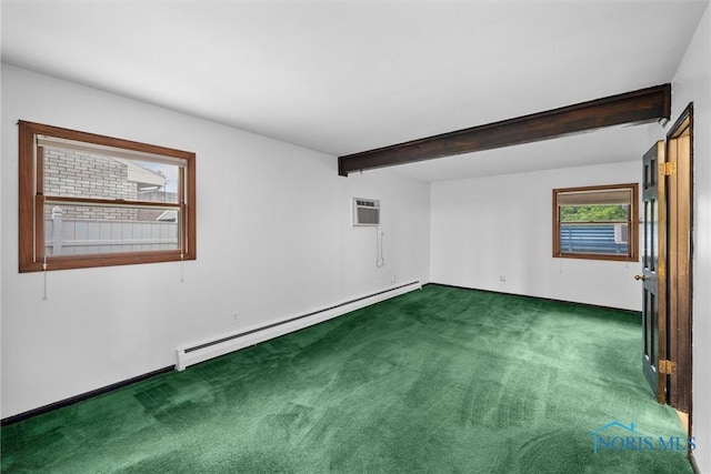 6005 Bahiamar Rd, Toledo, OH 43611 - carpeted empty room with a baseboard heating unit, beamed ceiling, and a wall mounted air conditioner