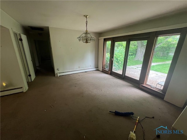 1035 Cherry St, Perrysburg, OH 43551 - unfurnished dining area featuring baseboard heating, a chandelier, and carpet
