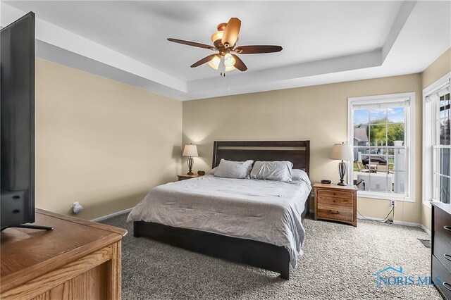 740 Tarra Oaks Dr, Findlay, OH 45840 - bedroom with carpet floors, a raised ceiling, and ceiling fan