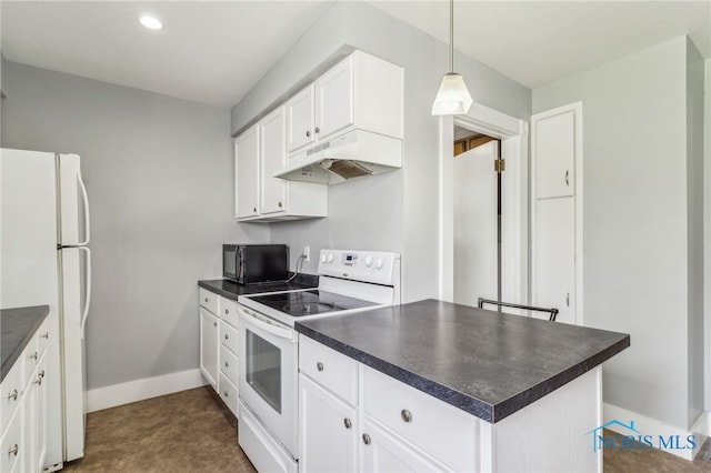 118 Allen Ave, Findlay, OH 45840 - kitchen with white appliances, under cabinet range hood, dark countertops, white cabinets, and recessed lighting