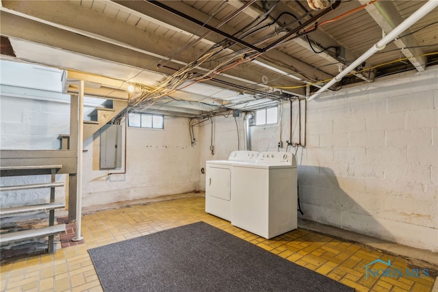 118 Allen Ave, Findlay, OH 45840 - below grade area with washing machine and clothes dryer, electric panel, stairway, and brick patterned floors