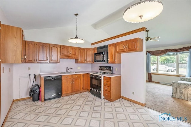 3913 Mcgregor Ln, Toledo, OH 43623 - kitchen featuring black appliances, light flooring, light countertops, brown cabinetry, and hanging light fixtures