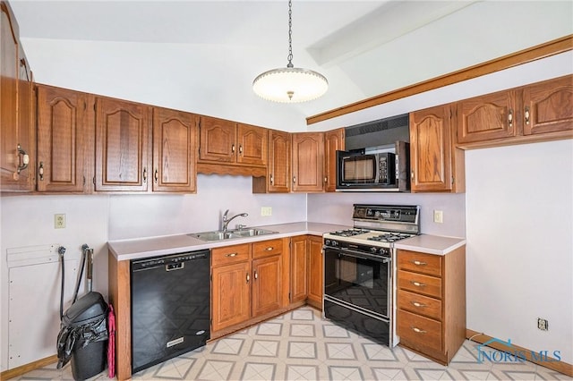 3913 Mcgregor Ln, Toledo, OH 43623 - kitchen with black appliances, brown cabinets, light countertops, beam ceiling, and high vaulted ceiling