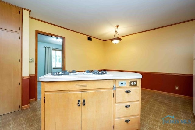 1527 Lockwood Rd, Findlay, OH 45840 - kitchen featuring crown molding, white gas stovetop, and light countertops
