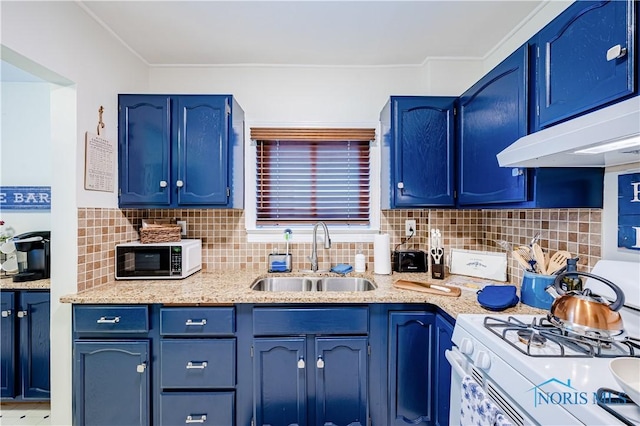 3714 Kershaw Ave, Toledo, OH 43613 - kitchen with white appliances, blue cabinetry, backsplash, under cabinet range hood, and crown molding