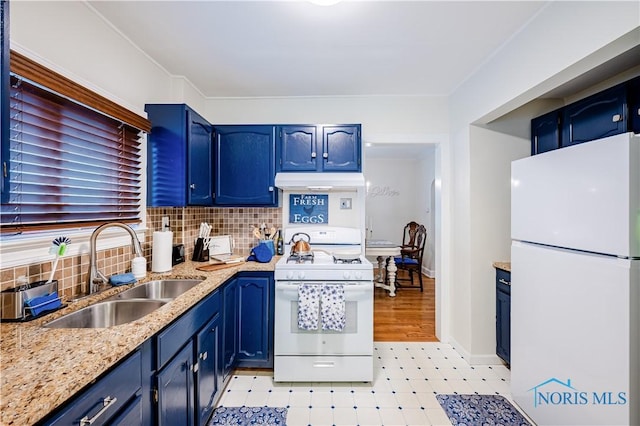 3714 Kershaw Ave, Toledo, OH 43613 - kitchen with white appliances, blue cabinets, light floors, under cabinet range hood, and decorative backsplash