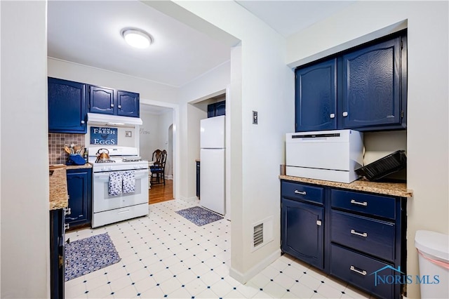 3714 Kershaw Ave, Toledo, OH 43613 - kitchen featuring white appliances, under cabinet range hood, blue cabinets, light floors, and arched walkways