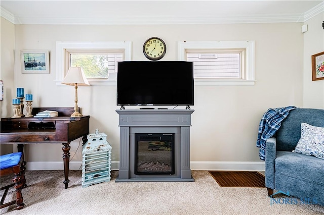 3714 Kershaw Ave, Toledo, OH 43613 - living area with crown molding, carpet, and a glass covered fireplace