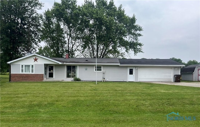 6432 State Route 576, Bryan, OH 43506 - ranch-style house featuring an attached garage, driveway, a front yard, a chimney, and brick siding