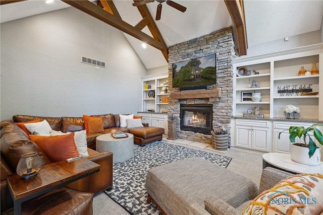 4811 Yosemite Pkwy, Sylvania, OH 43560 - carpeted living room with ceiling fan, a stone fireplace, high vaulted ceiling, beamed ceiling, and recessed lighting