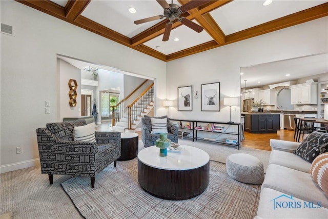 4811 Yosemite Pkwy, Sylvania, OH 43560 - living room with coffered ceiling, a ceiling fan, stairway, beam ceiling, and recessed lighting