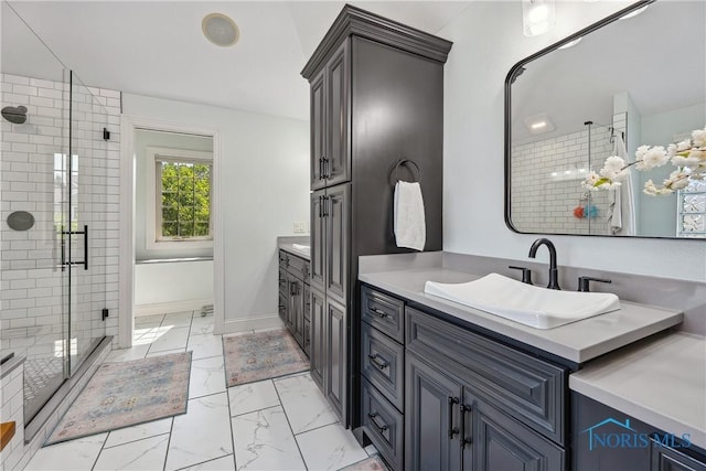 4811 Yosemite Pkwy, Sylvania, OH 43560 - bathroom featuring marble look tile flooring, a shower stall, and vanity