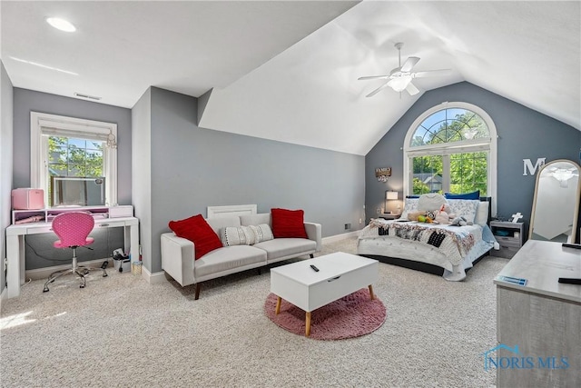 4811 Yosemite Pkwy, Sylvania, OH 43560 - carpeted bedroom with vaulted ceiling, a desk, and a ceiling fan