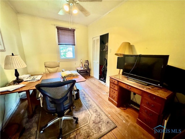 121 Columbus St, Hicksville, OH 43526 - home office with hardwood / wood-style flooring and a ceiling fan