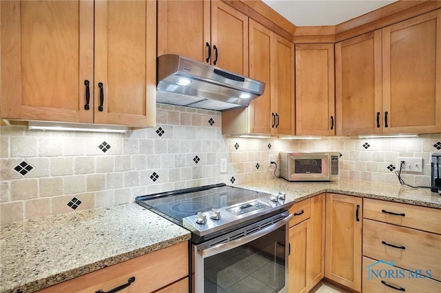 4329 Woodbriar Dr, Toledo, OH 43623 - kitchen featuring stainless steel appliances, under cabinet range hood, light stone countertops, and tasteful backsplash
