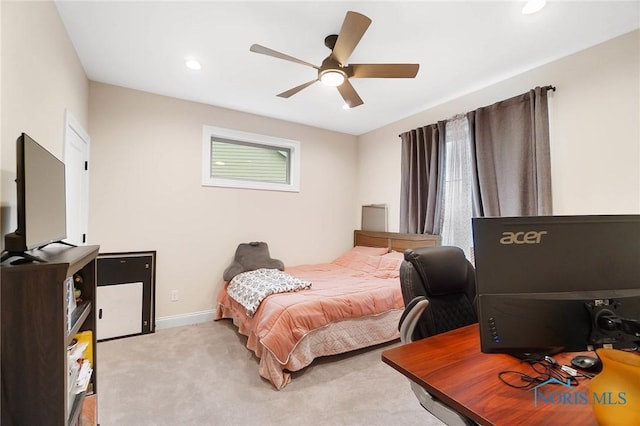 1635 Winterwood Ct, Bowling Green, OH 43402 - bedroom with light colored carpet, recessed lighting, and a ceiling fan