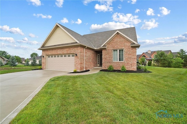 1635 Winterwood Ct, Bowling Green, OH 43402 - view of front of property with driveway, brick siding, an attached garage, a front lawn, and a shingled roof