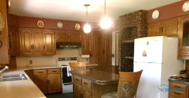 12655 Rd 11, Ottawa, OH 45875 - kitchen with white appliances, range hood, light countertops, and brown cabinetry