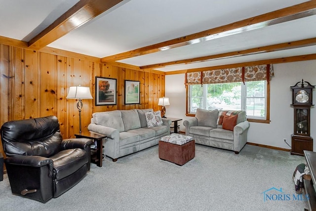 160 Wilkshire Dr, Waterville, OH 43566 - living room with beamed ceiling, carpet floors, and wood walls