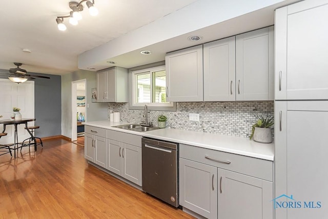 2941 Seaman Rd, Oregon, OH 43616 - kitchen featuring stainless steel dishwasher, gray cabinetry, decorative backsplash, and light countertops