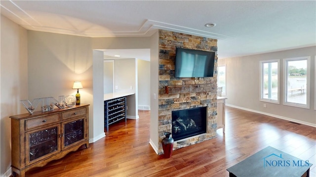 2109 Ottawa River Rd Unit 3C, Toledo, OH 43611 - living room featuring wood finished floors, a fireplace, wine cooler, and crown molding