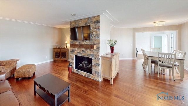 2109 Ottawa River Rd Unit 3C, Toledo, OH 43611 - living room with crown molding, a stone fireplace, and wood finished floors