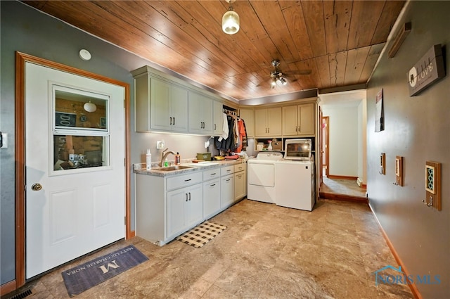 12505 Bloomlock Rd, Delphos, OH 45833 - laundry room with wood ceiling, cabinet space, separate washer and dryer, and a ceiling fan
