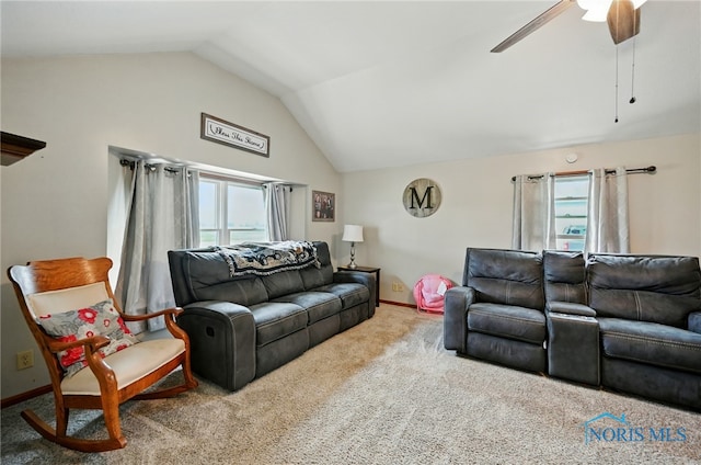 12505 Bloomlock Rd, Delphos, OH 45833 - living area with vaulted ceiling, carpet, and a ceiling fan