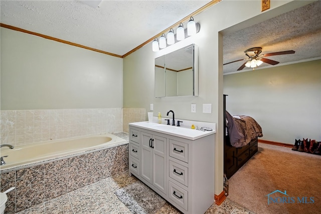 12505 Bloomlock Rd, Delphos, OH 45833 - full bathroom featuring ornamental molding, vanity, a bath, a ceiling fan, and a textured ceiling