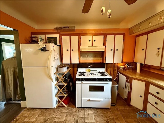 613 Maplewood Ave, Delta, OH 43515 - kitchen featuring white appliances, under cabinet range hood, a ceiling fan, and stone finish flooring