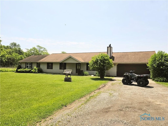 17738 County Rd E, Bryan, OH 43506 - ranch-style house featuring dirt driveway, a garage, a front yard, and a chimney