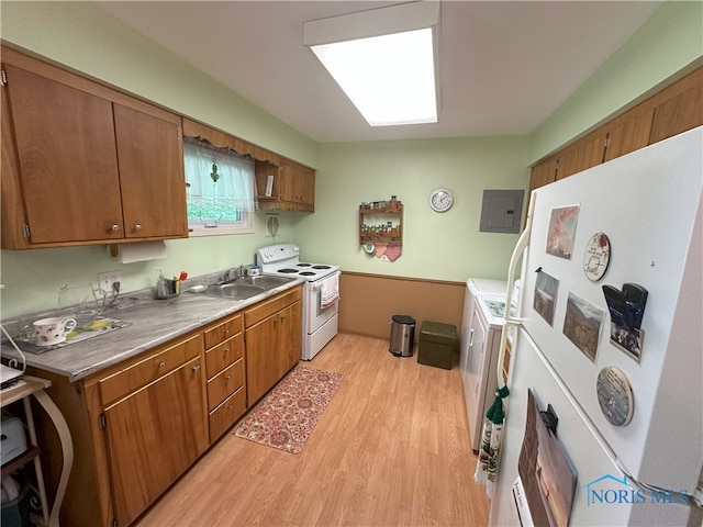 5916 E Benalex Dr, Toledo, OH 43612 - kitchen with white appliances, light wood finished floors, brown cabinetry, washer / dryer, and electric panel