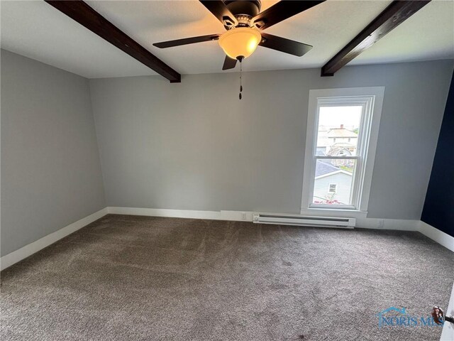 201 E Rings St, West Unity, OH 43570 - spare room with a baseboard heating unit, beamed ceiling, carpet, and ceiling fan