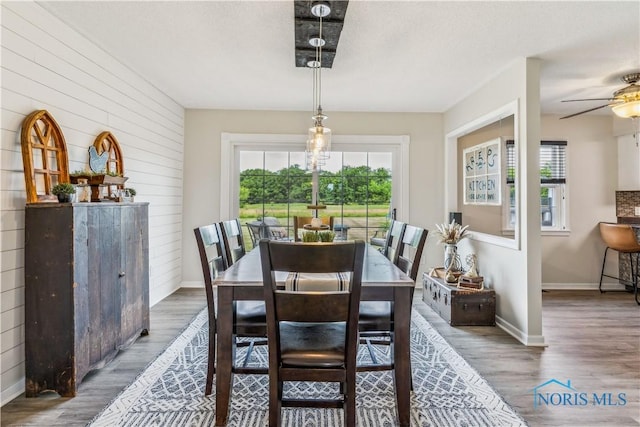 4220 N County Road 33, Tiffin, OH 44883 - dining space with wooden walls, wood finished floors, and a ceiling fan