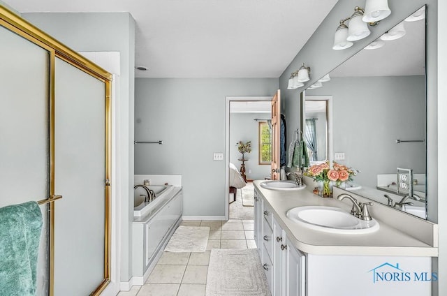5872 Settlers Ridge Cir, Sylvania, OH 43560 - bathroom featuring a bath, tile patterned flooring, double vanity, and a shower stall