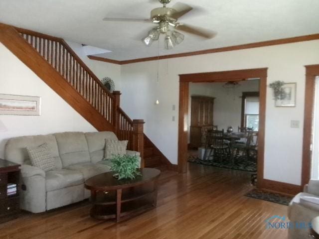 252 N Walnut St, Ottawa, OH 45875 - living area featuring wood finished floors, a ceiling fan, stairs, and crown molding