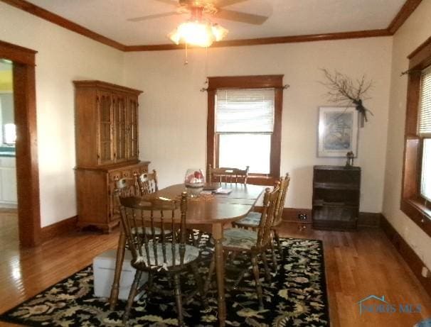 252 N Walnut St, Ottawa, OH 45875 - dining area featuring wood finished floors, ornamental molding, healthy amount of natural light, and a ceiling fan