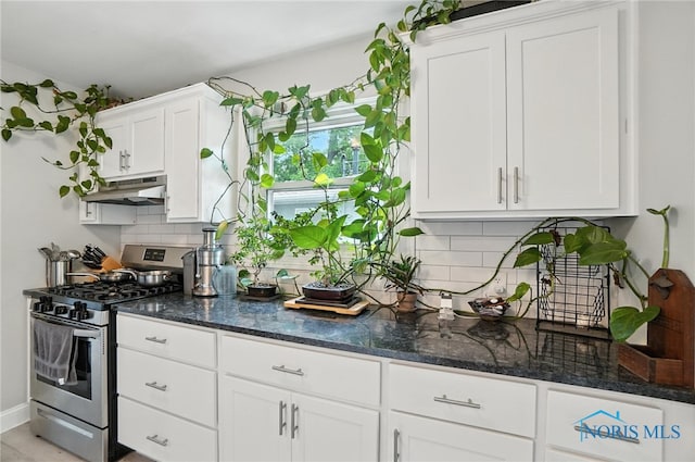 1022 Clough St, Bowling Green, OH 43402 - kitchen with stainless steel gas range oven, under cabinet range hood, white cabinetry, tasteful backsplash, and dark stone counters