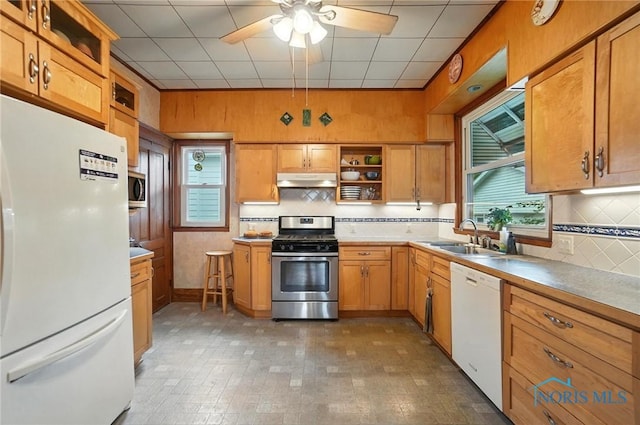 418 S Grove St, Bowling Green, OH 43402 - kitchen featuring appliances with stainless steel finishes, open shelves, under cabinet range hood, ceiling fan, and healthy amount of natural light