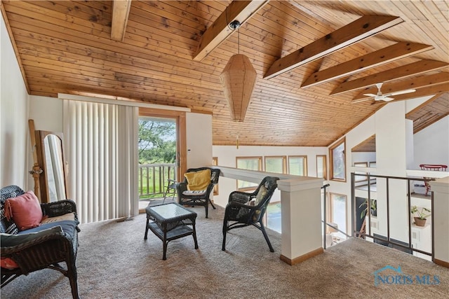 23866 W State Route 579, Curtice, OH 43412 - living area with a wooden ceiling with exposed beams, carpet, an upstairs landing, high vaulted ceiling, and ceiling fan