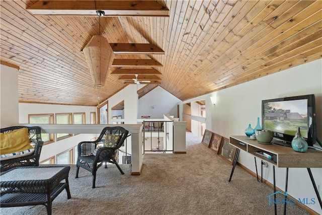 23866 W State Route 579, Curtice, OH 43412 - living area with wood ceiling, carpet flooring, lofted ceiling, an upstairs landing, and ceiling fan