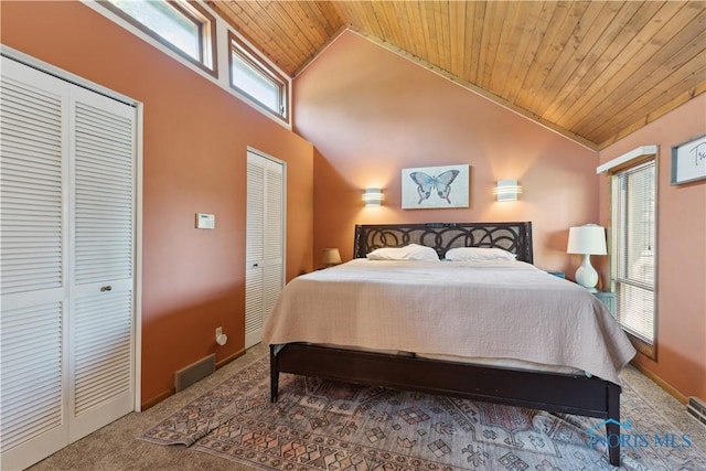 23866 W State Route 579, Curtice, OH 43412 - carpeted bedroom featuring wooden ceiling, two closets, and high vaulted ceiling