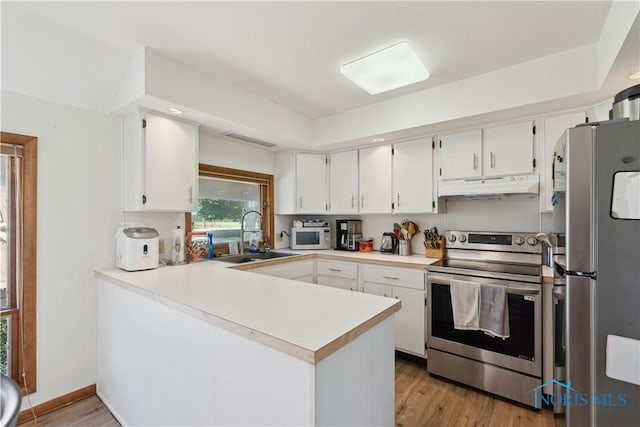 23866 W State Route 579, Curtice, OH 43412 - kitchen featuring appliances with stainless steel finishes, under cabinet range hood, a peninsula, white cabinetry, and recessed lighting